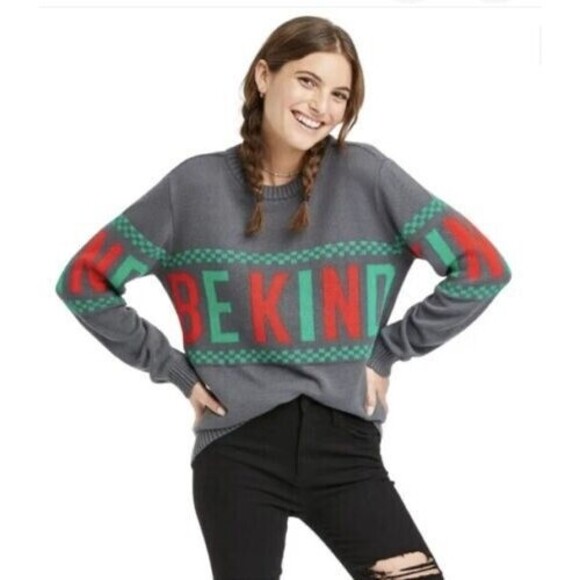 IML Isaac Morris Gray Green Red "Be Kind" Christmas Holiday Festive Sweater SM - Picture 1 of 12